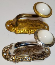 2 Small Vtg Ornate Silver-Gold Hooks Stamped Victorian White Porcelain