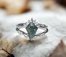 Sterling Silver Moss Agate Ring W/Matching Accent Ring Engagement Wedding Sz 7