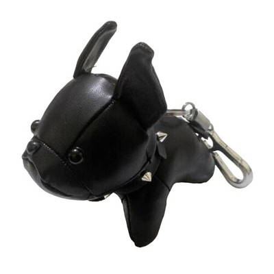 BLACK Dog Bulldog Faux Leather Plush 3D Keychain Keyring Handbag Bag Purse Charm