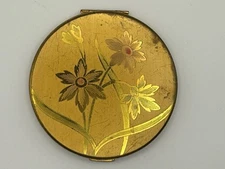 Vintage Elgin American Large Round Etched Floral Gold Tone Powder Compact Mirror