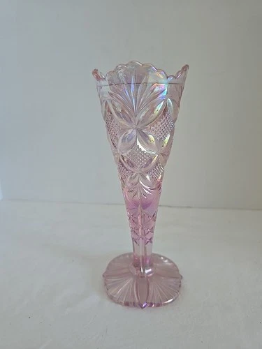 VTG Fenton Pink Iridescent Carnival Glass Vase the Pink Pearl Collection 8.5”