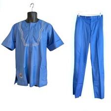 African Nigerian Senator Style Blue Top  Bottom Two Piece Outfit 1