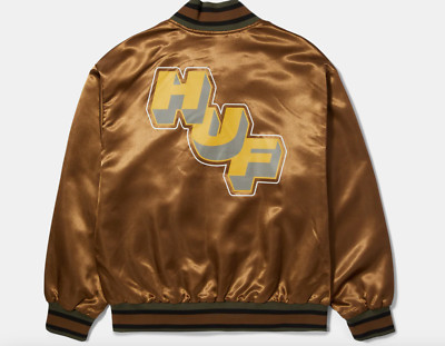 HUF Mens Galactic Stack Embroidered Baseball Jacket Size Medium Gold Camel NWT