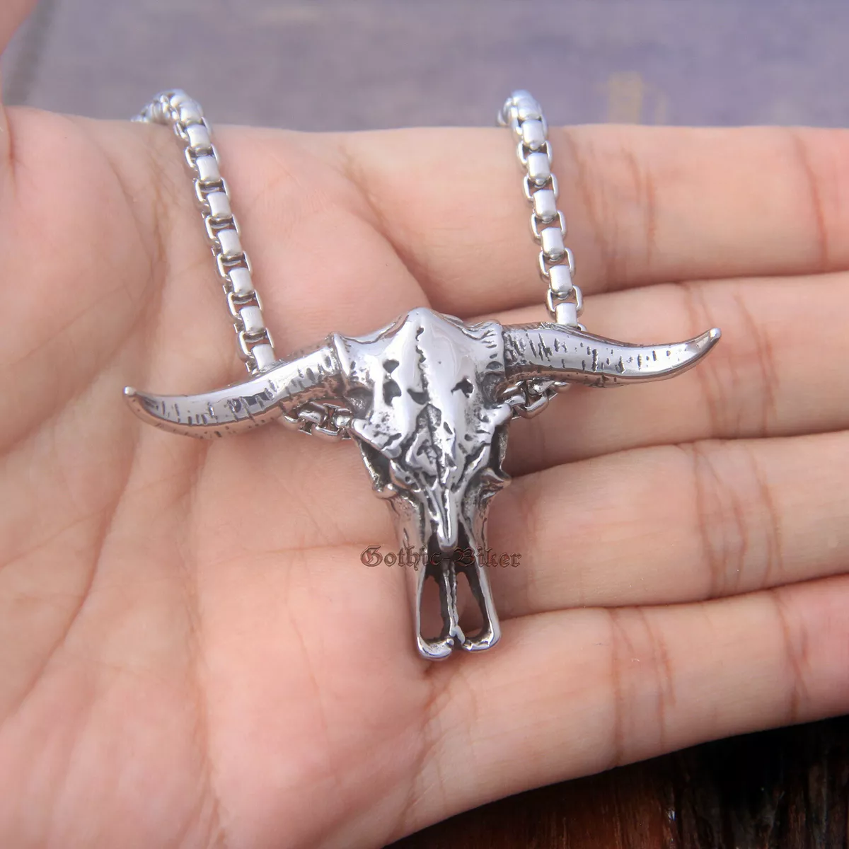 Men&#039;s African Bull Horn Skull OX Head Stainless Steel Necklace Retro | eBay