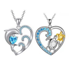 Heart Shape Mother And Baby Turtle Dolphin Simulated Diamond Pendants Necklace