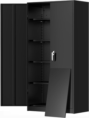 Metal Cabinet, 72  Black Tool Steel Locking Cabinet with Doors and 4 Shelves, Ta