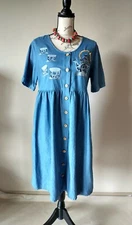 Go Softly Patio Cotton Chambray Embroidered Tunic Midi Dress Short Sleeve Sz.S