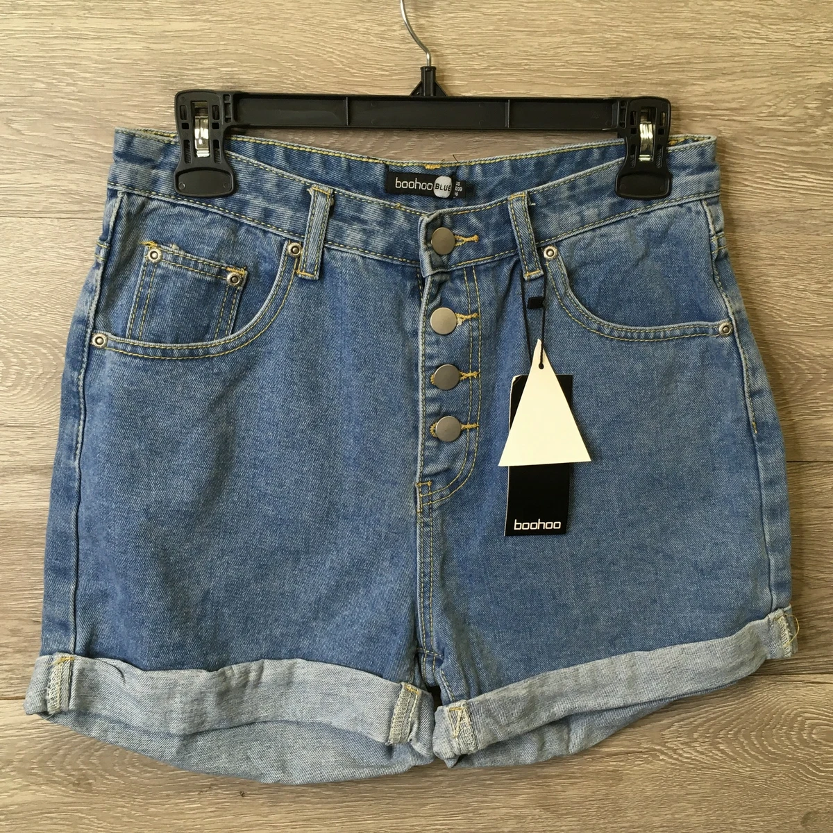 Boohoo Blue Womens Size 6 Mid Blue Button Front Denim Mom Shorts