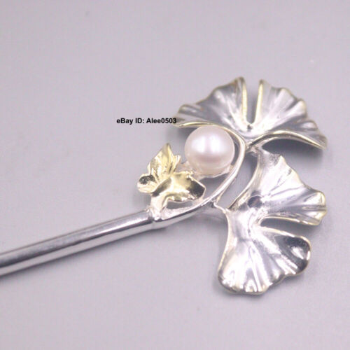 Solid 925 Sterling Silver Hair Pin With Pearl Leaf Ethnic Hairpin 5.9inch L - Picture 1 of 7