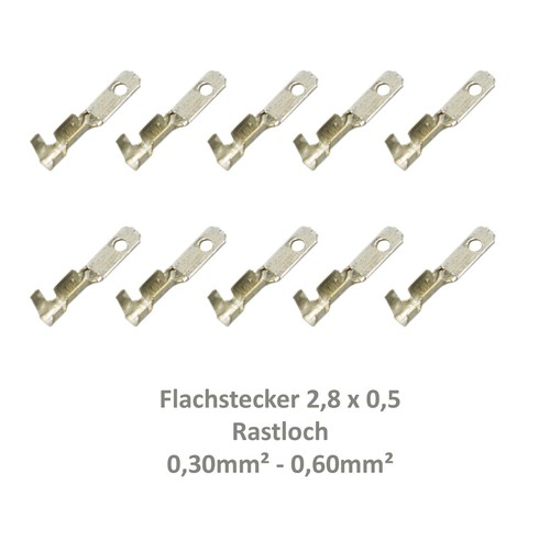 10 Flachstecker 2,8x0,5 Kabelschuh z.B. Fahrradbeleuchtung 0,30²-0,60² Rastloch - Afbeelding 1 van 1