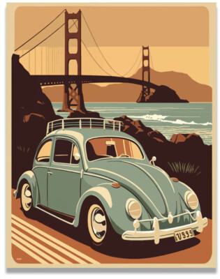 Beetle Bridge Volkswagen Poster Vintage Beach Surf 11x14 Inches