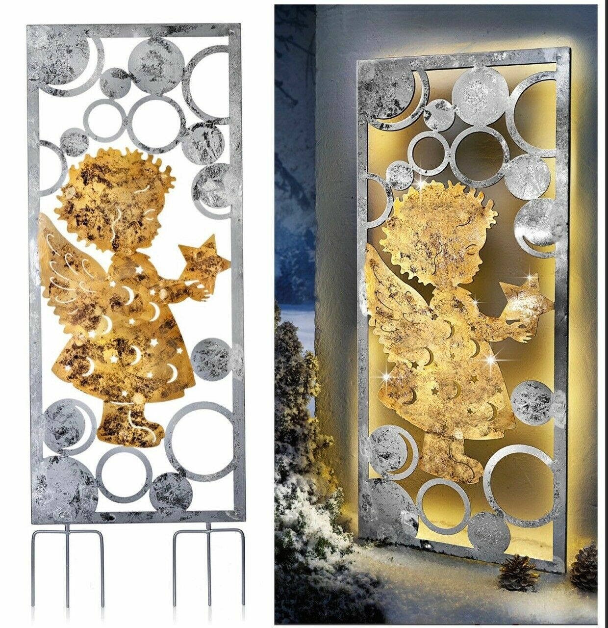 XL Metall LED Gartenstecker ENGEL Beleuchtung Lichterkette Silber Gold Deko Neu