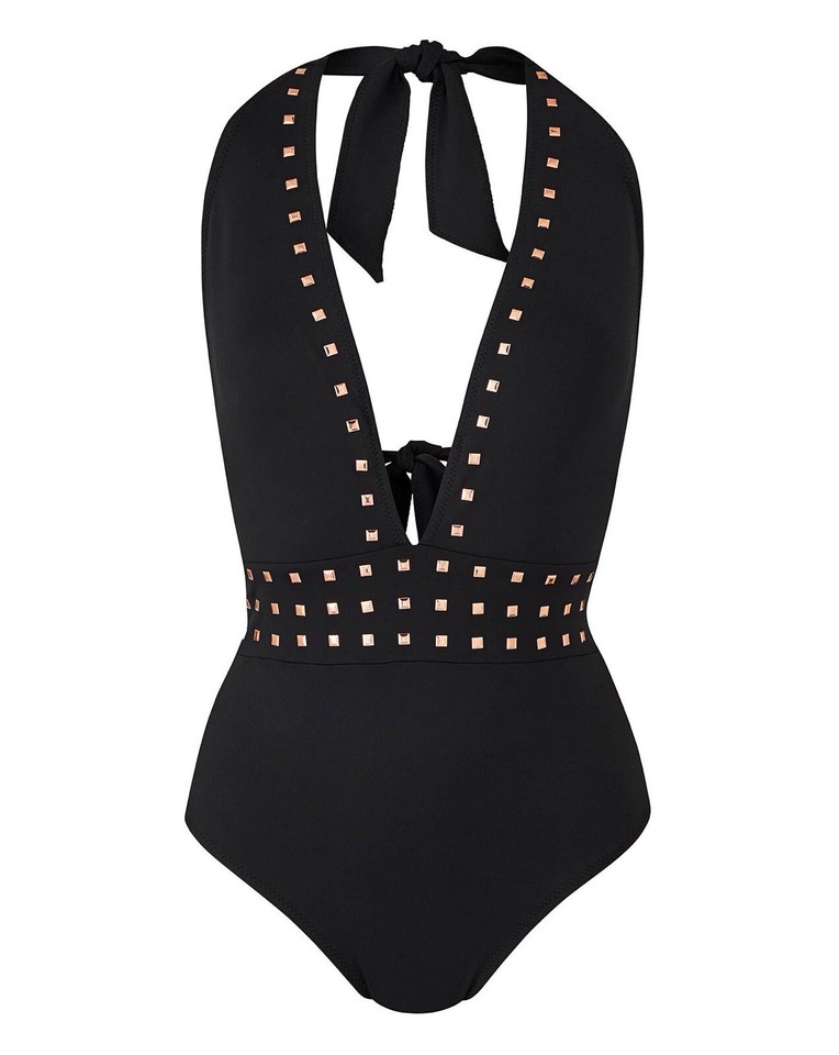 BNWT Figleaves Curve Black Swimsuit Studs Halter Plunge Sexy Plus