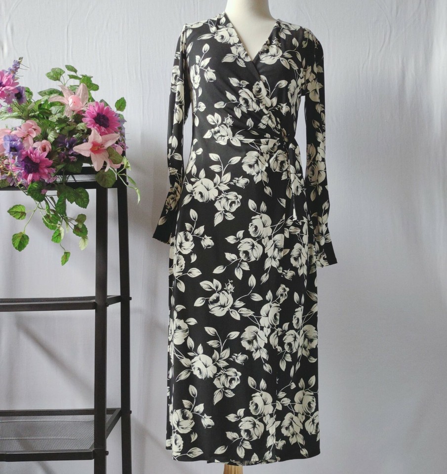 Laura Ashley Womens Size 8 Black Off White Floral Faux Wrap Dress Midi V Neck