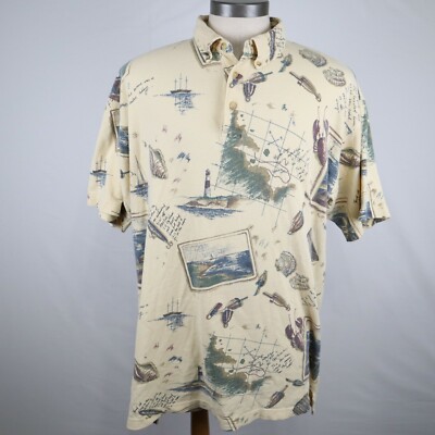 Vtg GH Bass Polo Shirt Mens XL Lighthouse Ocean Nautical Casual Short Sleeve
