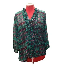 Attention Sheer Ruffled Button-Down Blouse, Pink Green Multicolor, Women's L