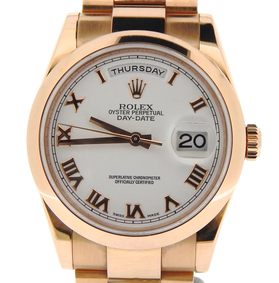 Reloj Rolex Day-Date sólido de oro rosa Everose de 18 quilates esfera romana blanca 118205