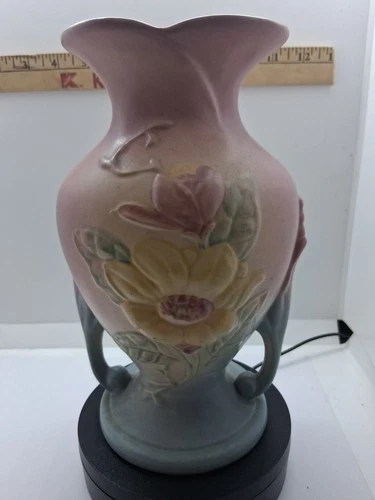 Hull Art Pottery Magnolia Pink Vase Double Blue Handles & Base 8.75" Vtg Floral