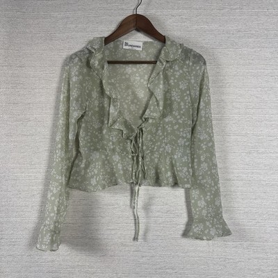 Womens Size S Pastel Green Floral Ruffle Bell Sleeve Cropped Open Lace Up Front 