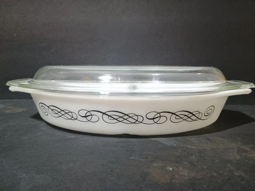 Vintage Pyrex Black Scroll Pattern. Divided Serving Dish With Lid