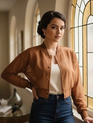 Daisy Chestnut Brown Bomber Cropped Mesh See-Through Jacket Size Small