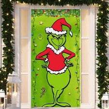 Grinch Merry Christmas Porch Sign Door Cover Decorations Funny Hanging Banner US