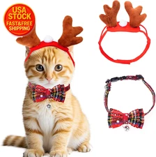Cat Dog Christmas Costume Reindeer Headband Collar Holiday Party Outfit
