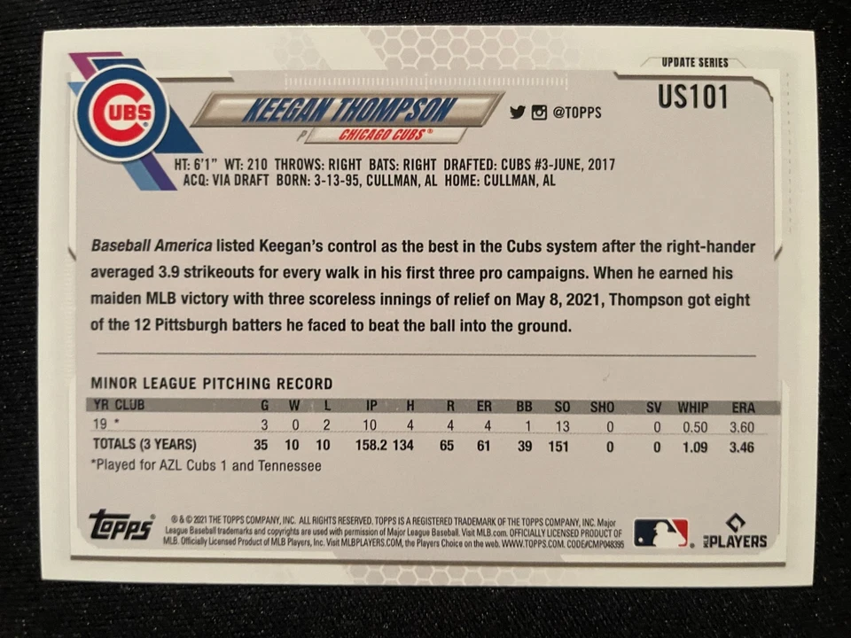 Keegan THOMPSON RC 2021 Topps Update Series #US101 Chicago Cubs - Image 2 of 2
