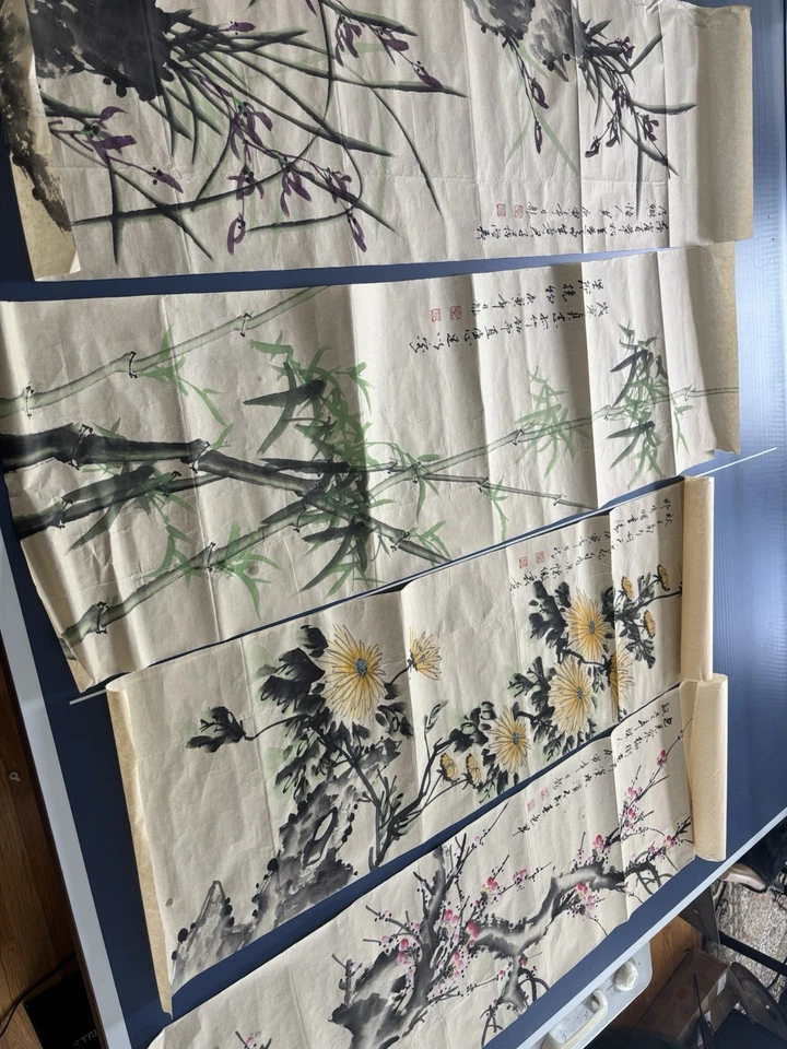 Pintura tradicional china. 4 piezas. Primavera Verano Otoño e Invierno. Foto 2 de 4