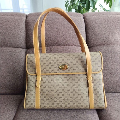 Gucci Handbag Canvas Leather Beige Brown Camel Micro GG From Japan Authentic