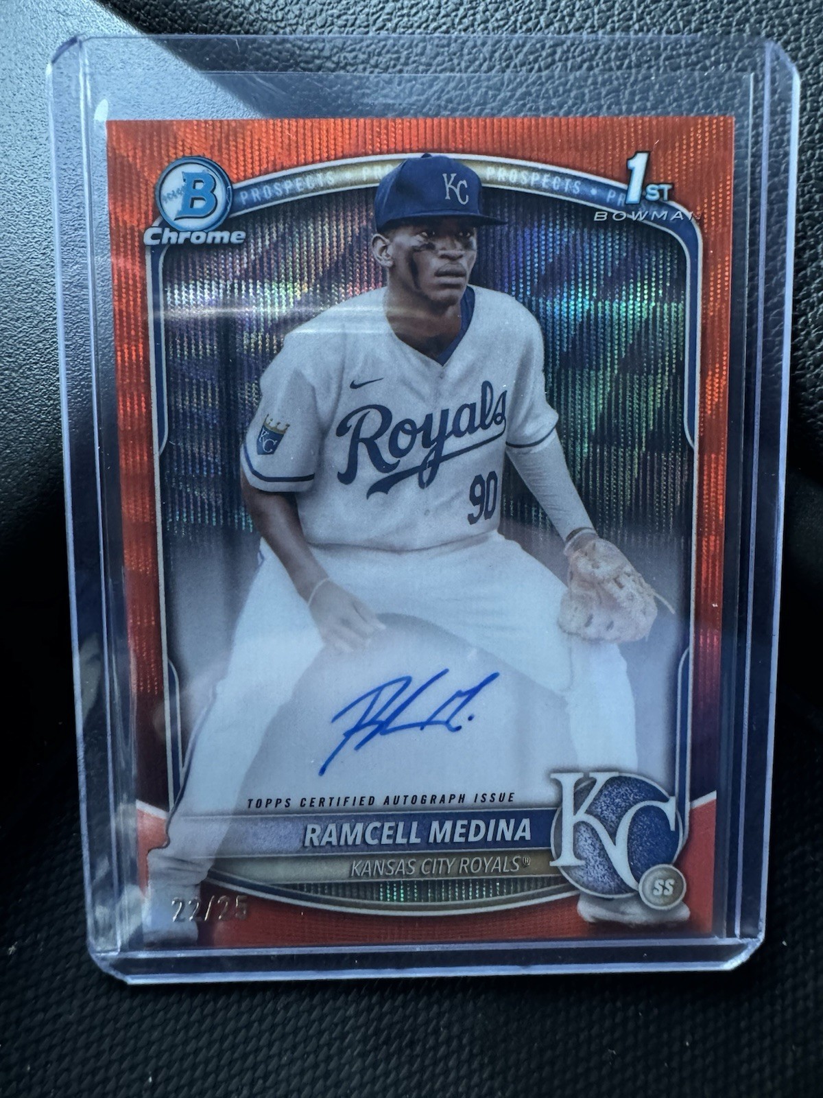 2025 Bowman Chrome Ramcell Medina ROYALS AUTO ORANGE WAVE REFRACTOR 1ST RC /25