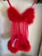Vintage Frederick's of Hollywood sheer marabou feather babydoll set Red new