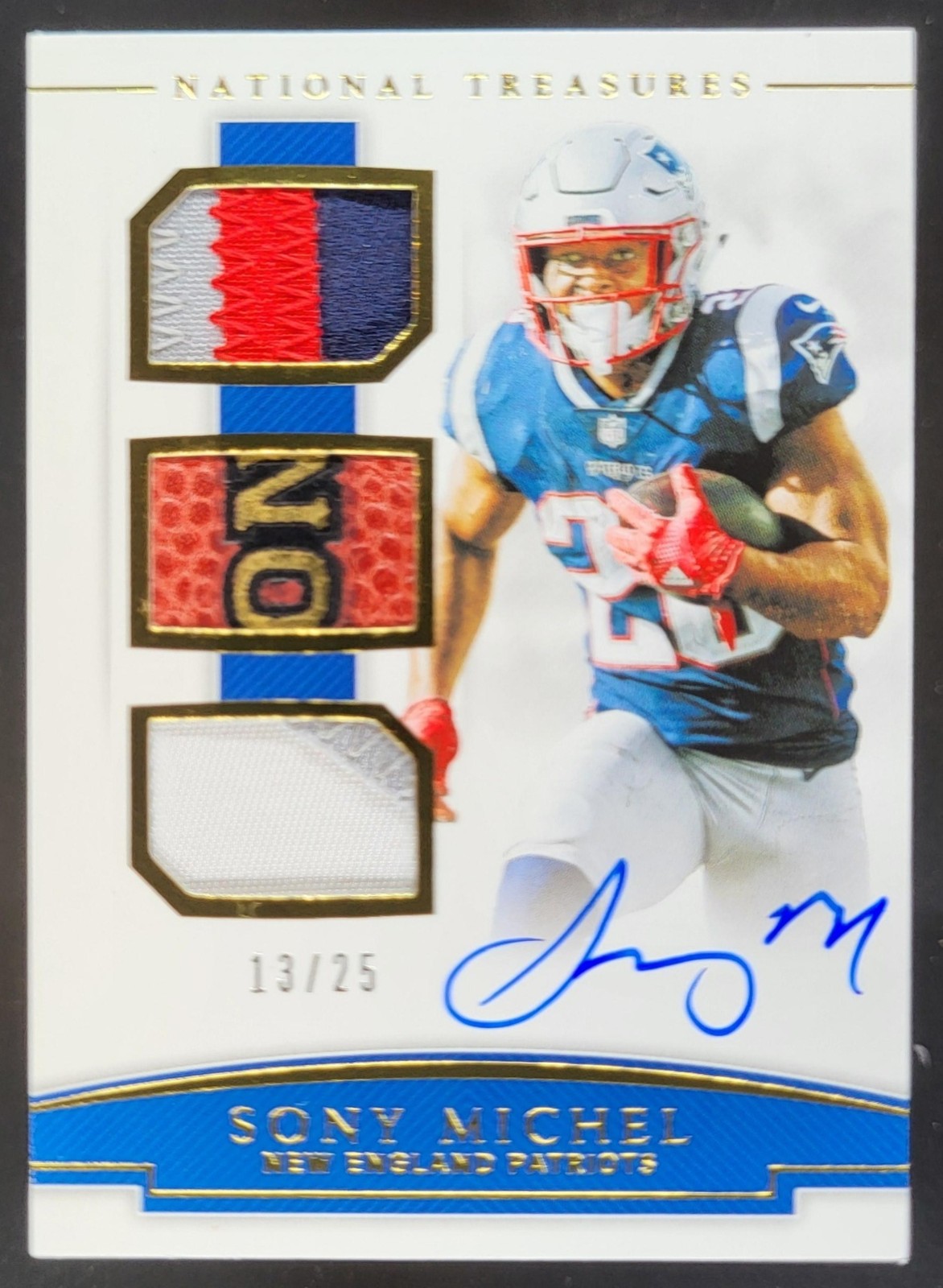 2018 Panini National Treasures Sony Michel Gear Trios Prime /25 MEM Auto RC ES view 1