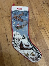 Vtg Needlepoint Christmas Stocking Santa Sleigh Reindeer Log Cabin Bunny Katie