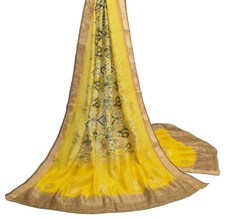 Sushila Vintage Light Yellow Dupatta 100 Pure Silk Printed Long Stole Wrap Veil