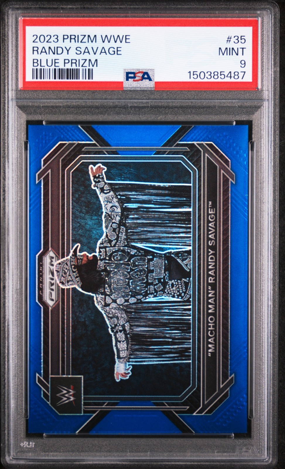 2023 PANINI PRIZM WWE BLUE PRIZM #35 "MACHO MAN" RANDY SAVAGE 172/199 PSA 9