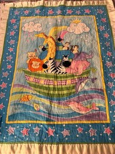 Vintage Hand-Made Reversible Noah's Ark Baby Quilt with Satin-Like Border