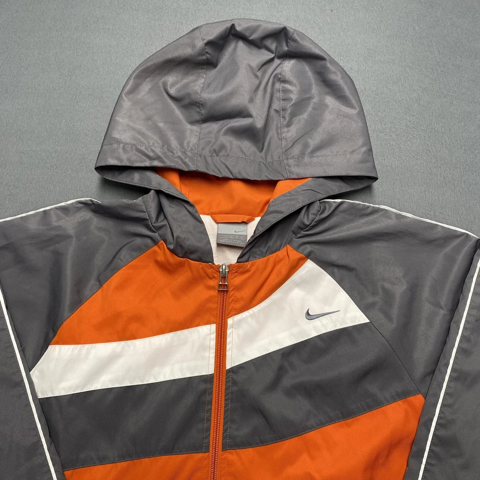 De Colección Chaqueta Nike Juvenil Grande Naranja Gris Con Capucha Cremallera Completa Cortavientos Ligera Foto 2 de 4
