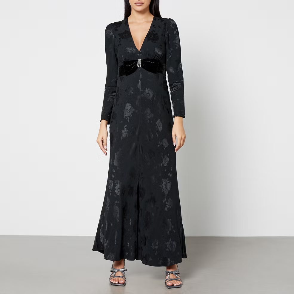 Rixo, Crystal Embellished Bow Anastasia Maxi Dress, NEW W TAG, 6 UK 2 US,  Black
