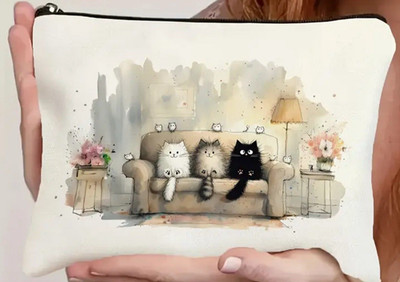 Cat Lady Cute Cats Kittens on Couch Makeup Bag 8.5  x 6.5  Cat Lover Travel Bag