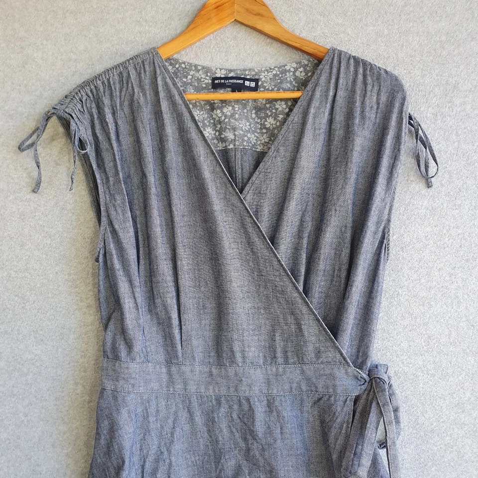 Ines De La Fressange Uniqlo Dress Sz Large Blue Denim 100 % Cotton Wrap Midi - image 2 of 4