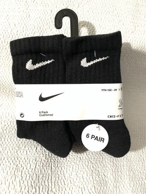 Nike Dri-Fit 6pk Cushioned Black Crew Socks Youth Sz 10C-3Y NEW $20 UN0019-023