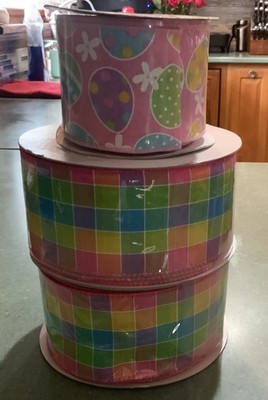 Spring Easter Trio Pink Lot of 3 Plaid & Easter Eggs 2.5'' X 10 & 20 Yards Each