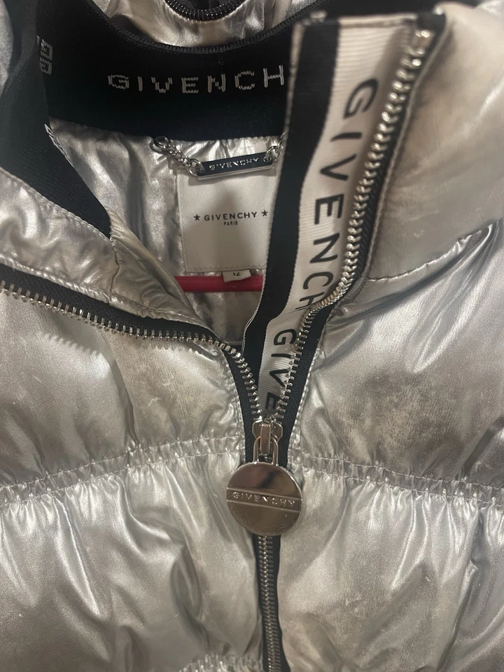 Givenchy Girls' Metallic Silver And Black  Down Puffer Jacket  Size 12 With Hood - Image 2 of 4