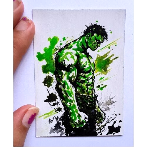 02 Stck. ACEO Original Hulk Held Cartoon Kunst Karten Set Acryl Handmalerei NEU - Bild 8 von 8