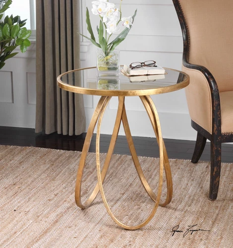 MONTREZ GLAZED GOLD LEAF METAL ROUND ACCENT END TABLE ANTIQUED MIRROR TOP 24410 - Picture 3 of 4