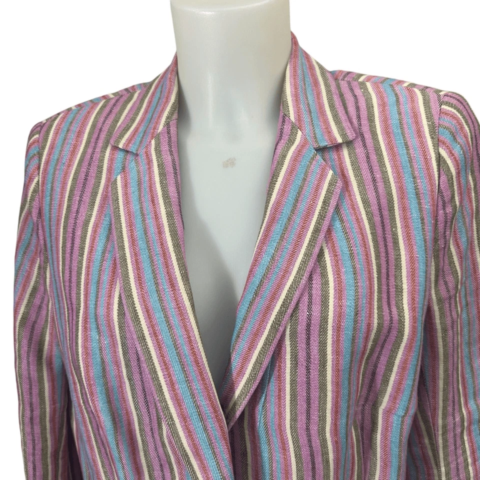 Akris Punto Striped Blue Pink Notched Collar Blazer Jacket 100% Linen sz 12USA - Image 2 of 4