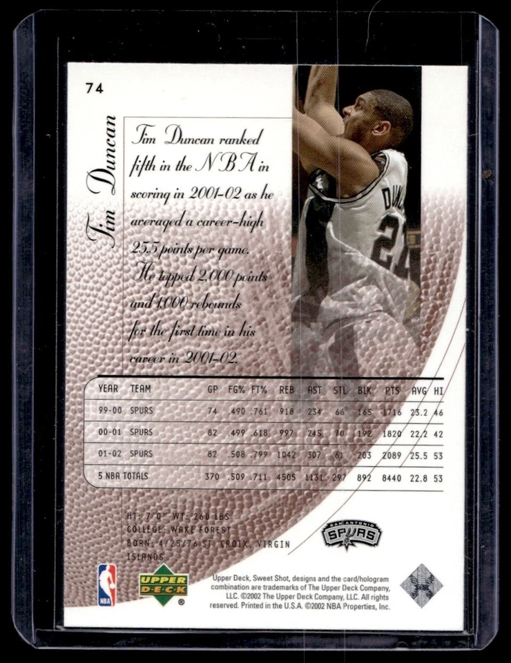 2002-03 Upper Deck Sweet Shot Tim Duncan San Antonio Spurs #74 - Image 2 of 2