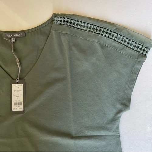 New Laura Ashley Cotton Khaki Green V-Neck Eyelash Trim Top T-shirt Blouse UK14 - Picture 10 of 12