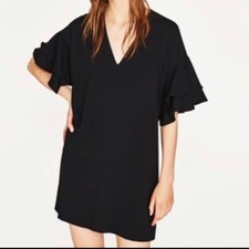 Zara Woman Oversized Fall Summer Chic Casual Ruffle Sleeve Mini Dress Black